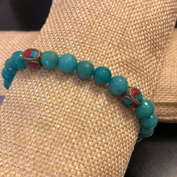 Faceted Jade Bead Bracelet w Bronze Accent Beads w Coral & Turquoise Inlay - Picture 7 of 11